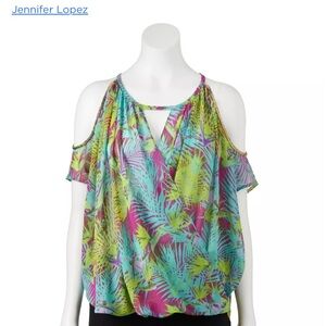 Jennifer Lopez woman’s cold shoulder chiffon top, crossover, golden Oasis sz L